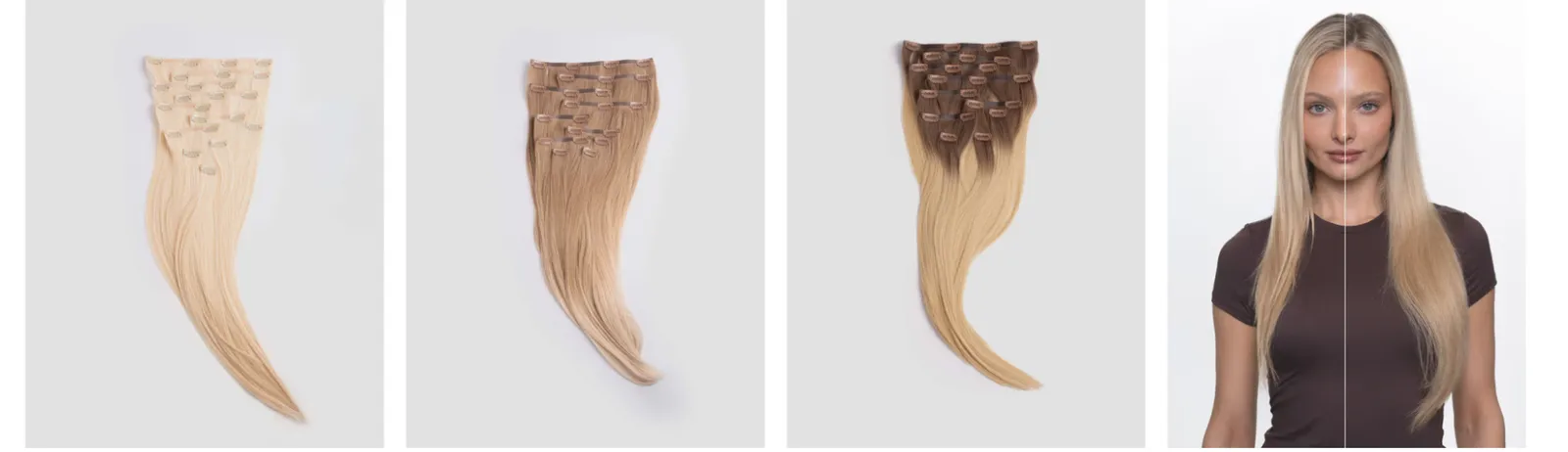 Tre clip-in set från BHBD i blont, mörkblont och brunt med blonda längder, plus en modell med clip-in i håret