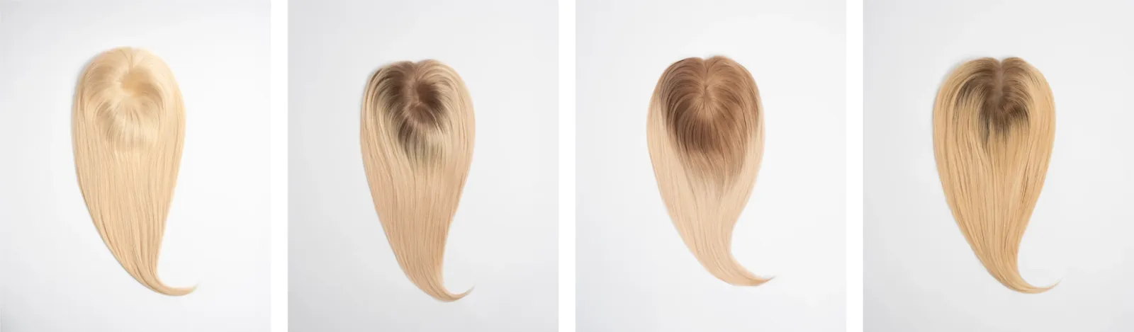 Fyra hair toppers från BHBD i blonda nyanser med mörkare rot, utlagda i rad